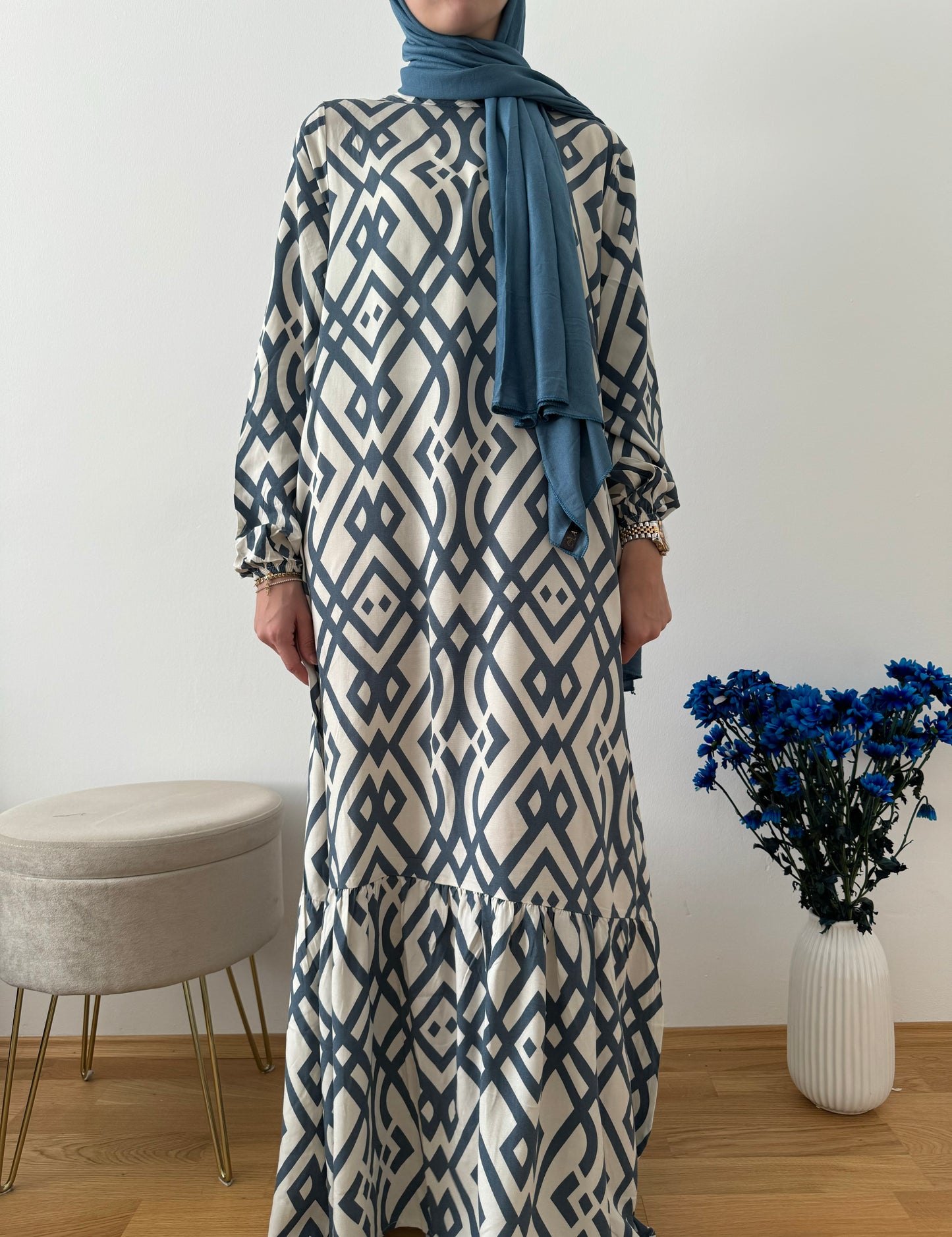 Viskose Kleid blau-weiß