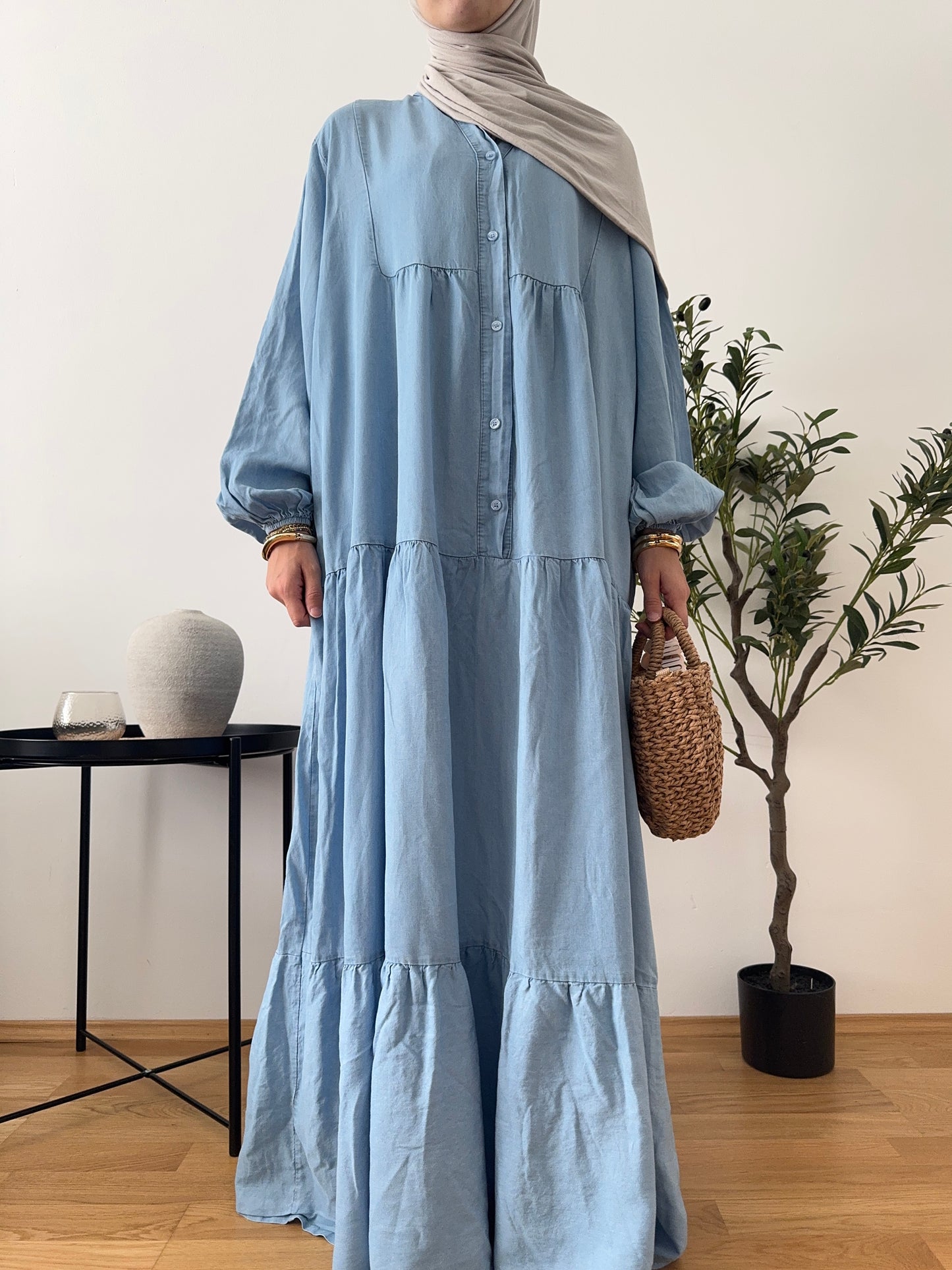 Denim Rüschen-Kleid hell