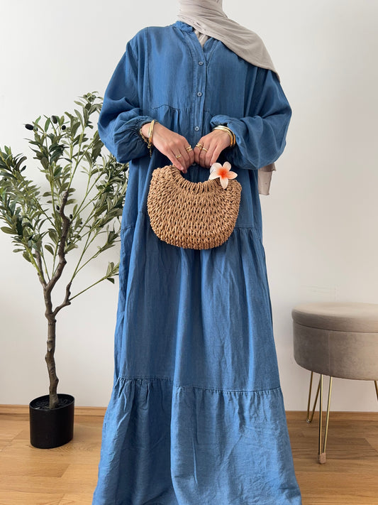 Denim Rüschen-Kleid dunkel