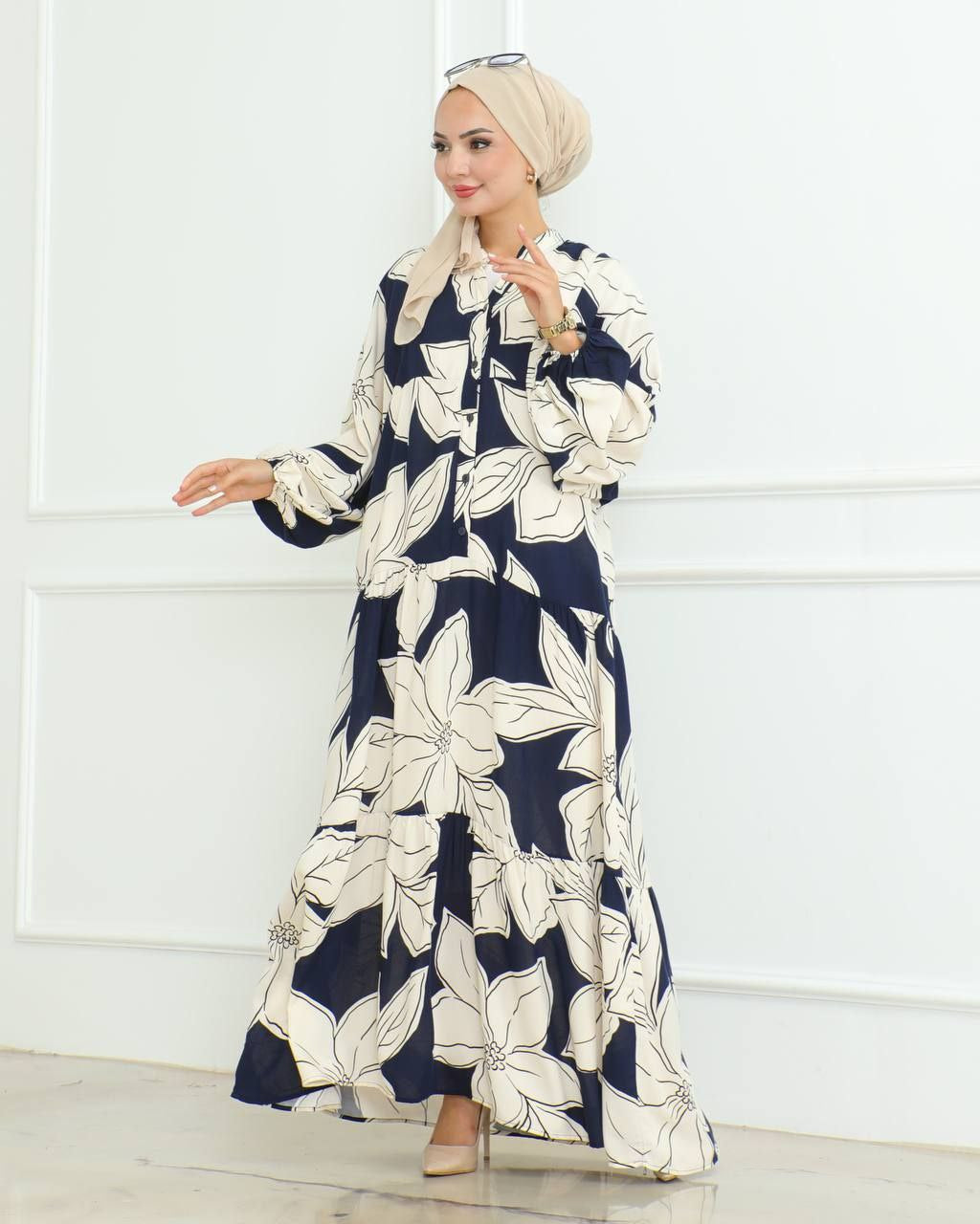 Boho Kleid mit Blättermuster blau
