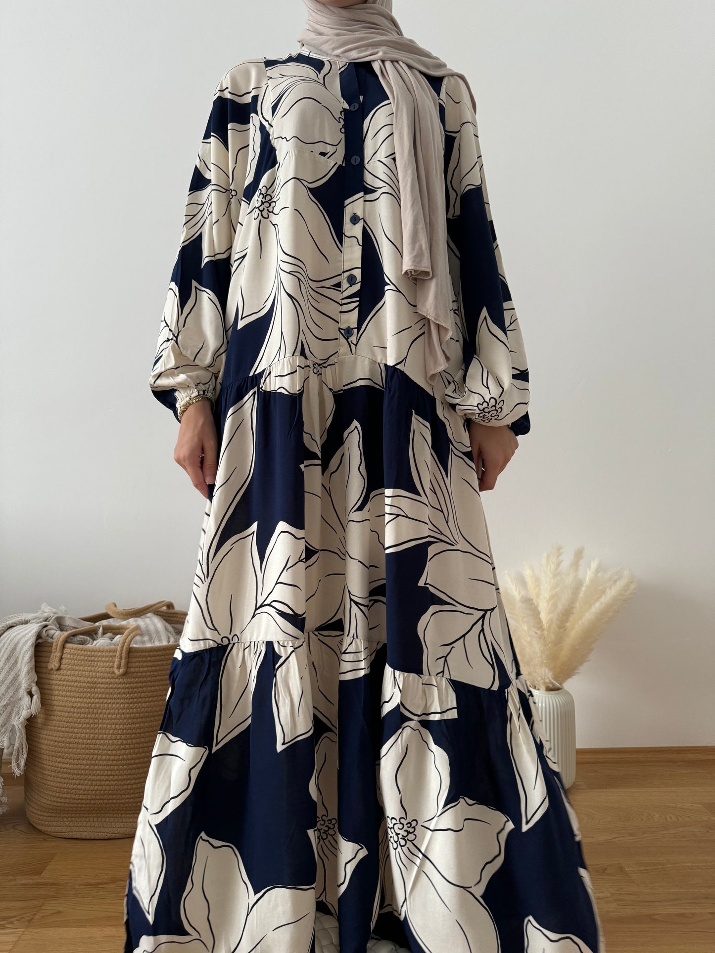 Boho Kleid mit Blättermuster blau