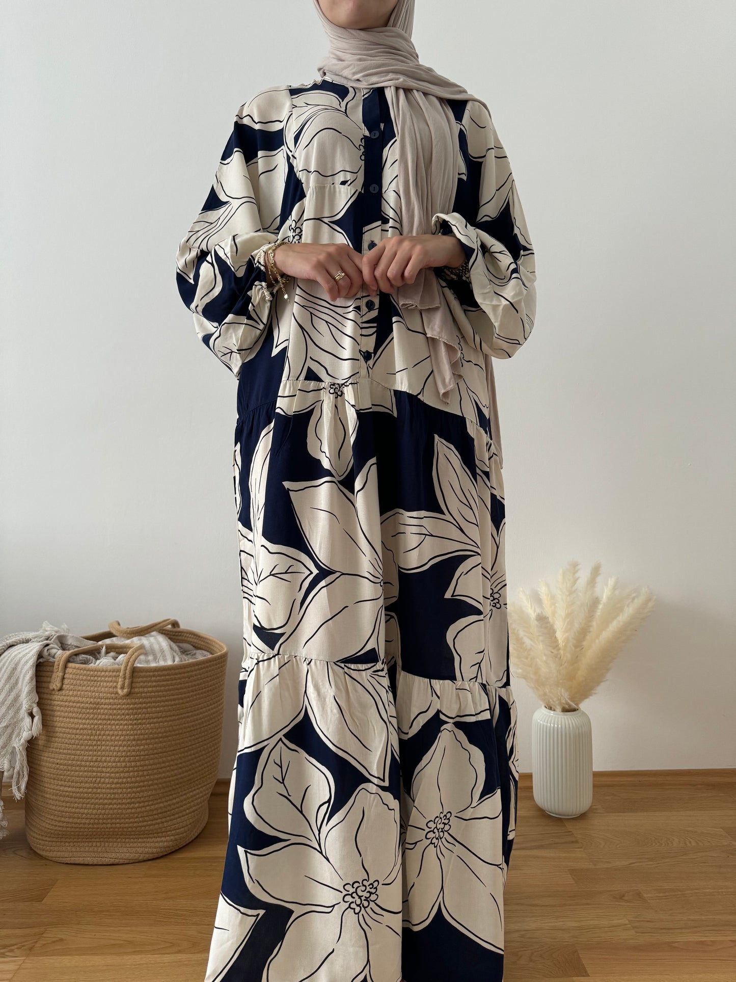 Boho Kleid mit Blättermuster blau