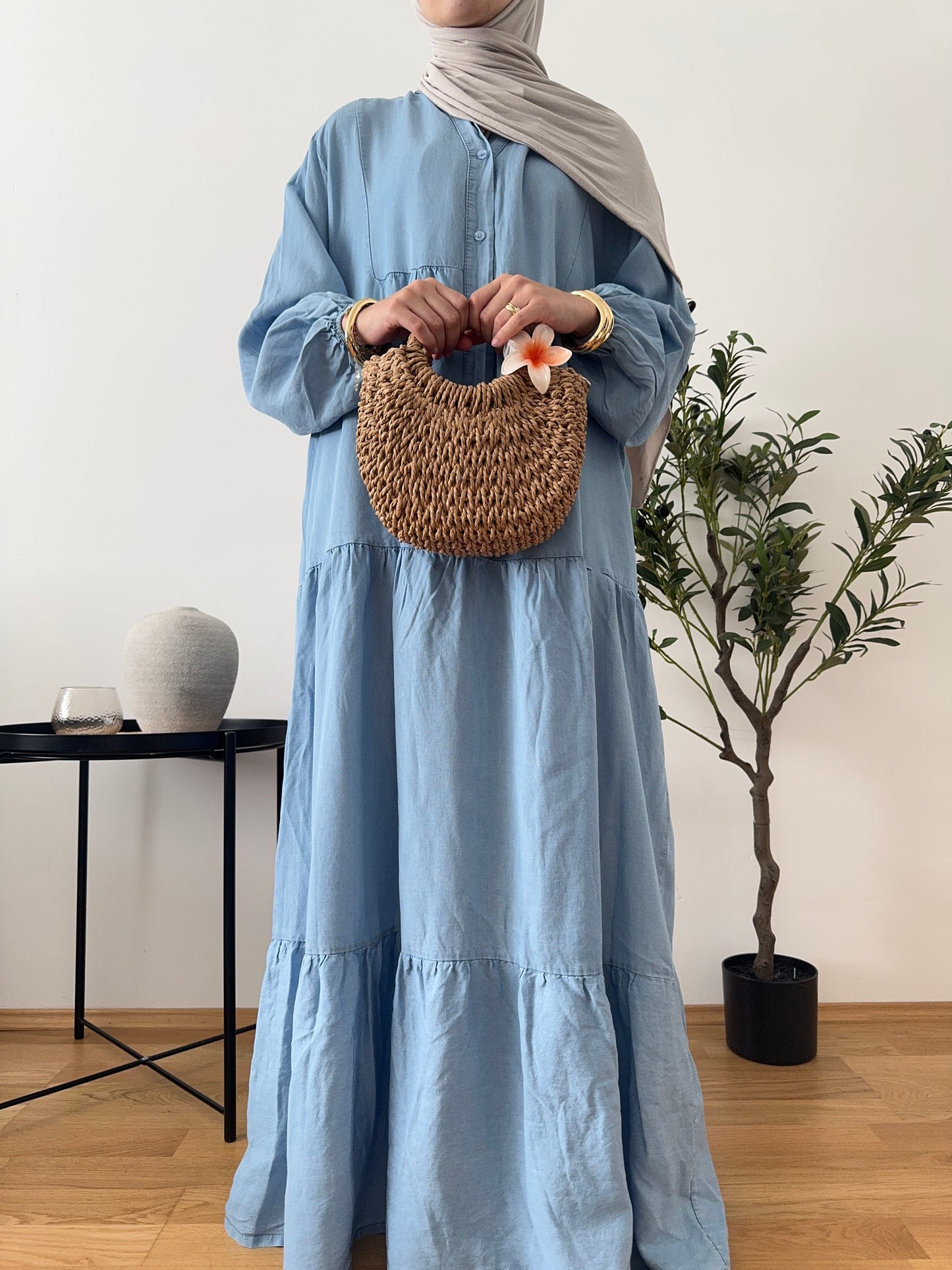 Denim Rüschen-Kleid hell