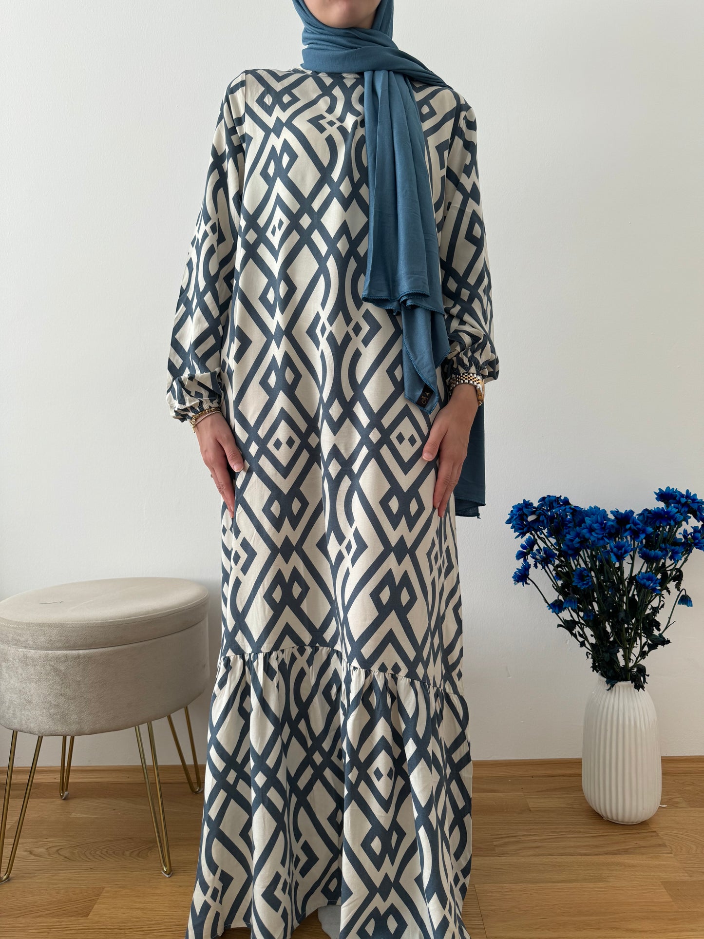 Viskose Kleid blau-weiß