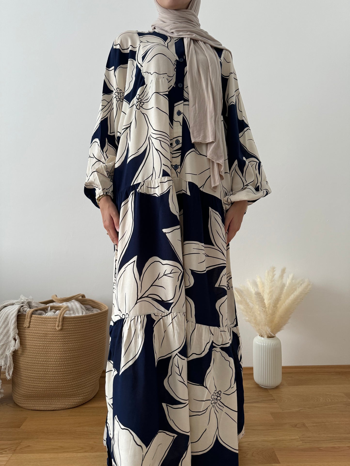 Boho Kleid mit Blättermuster blau