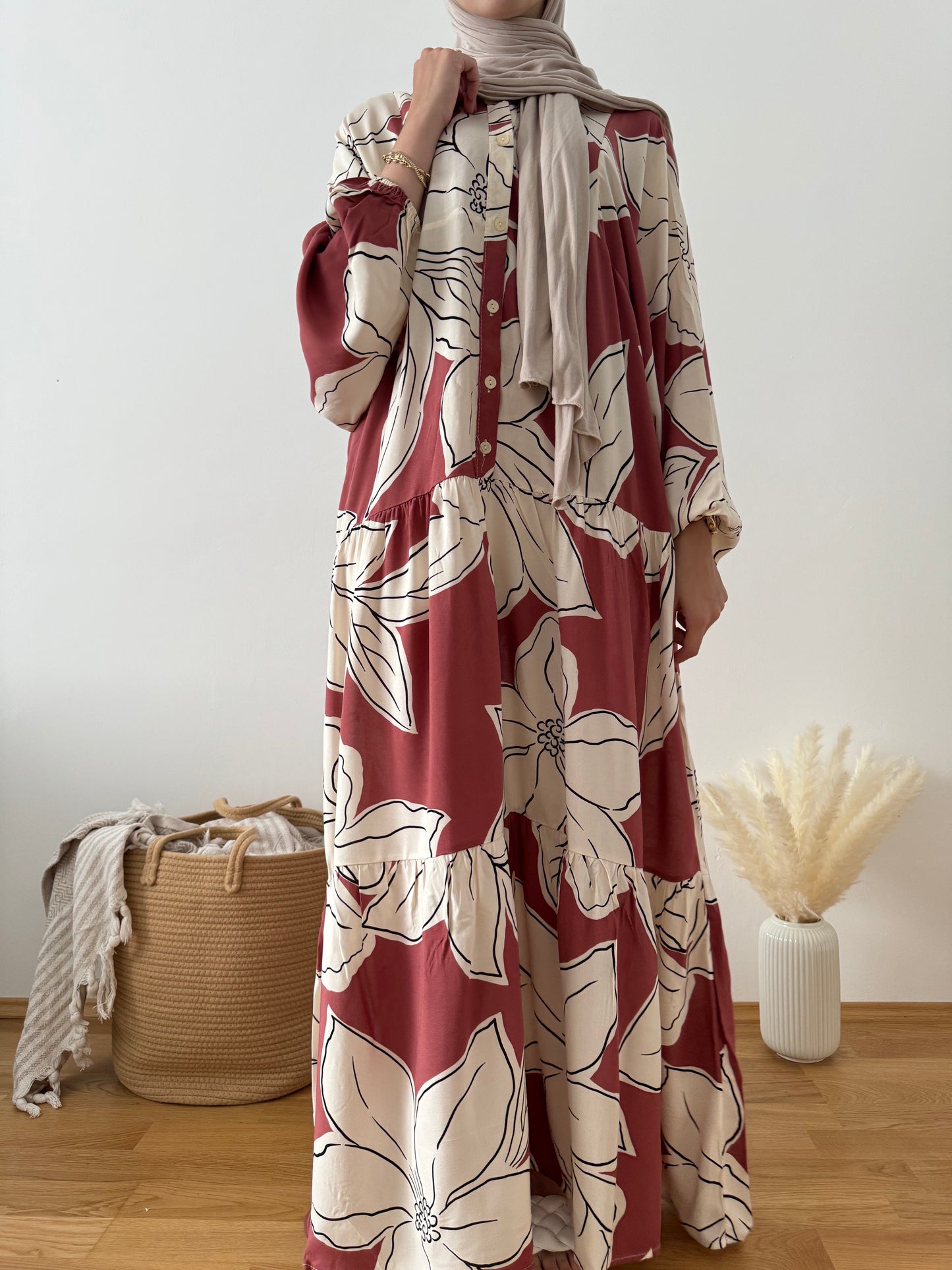 Boho Kleid mit Blättermuster rosa