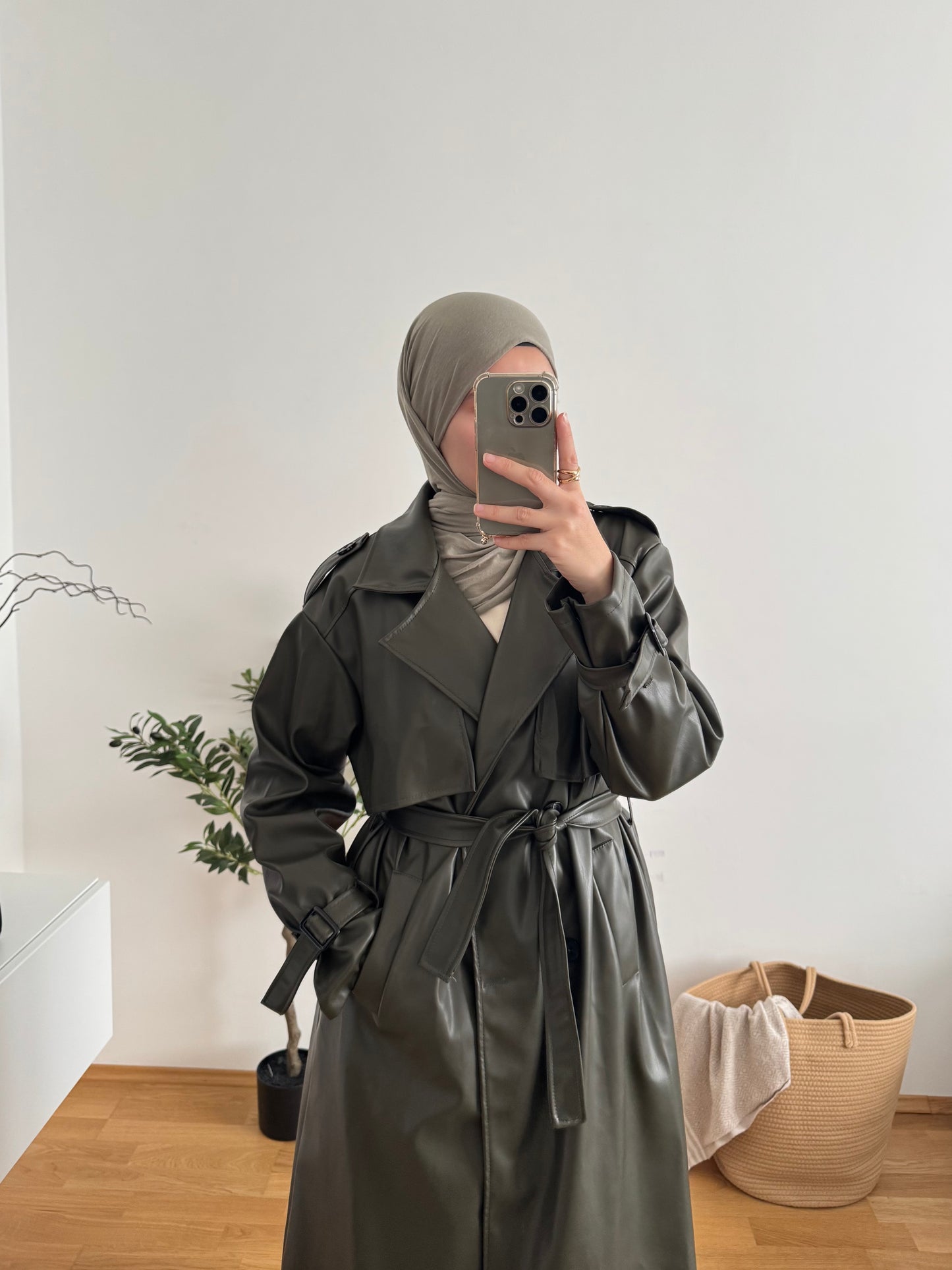 Leder Trenchcoat khaki