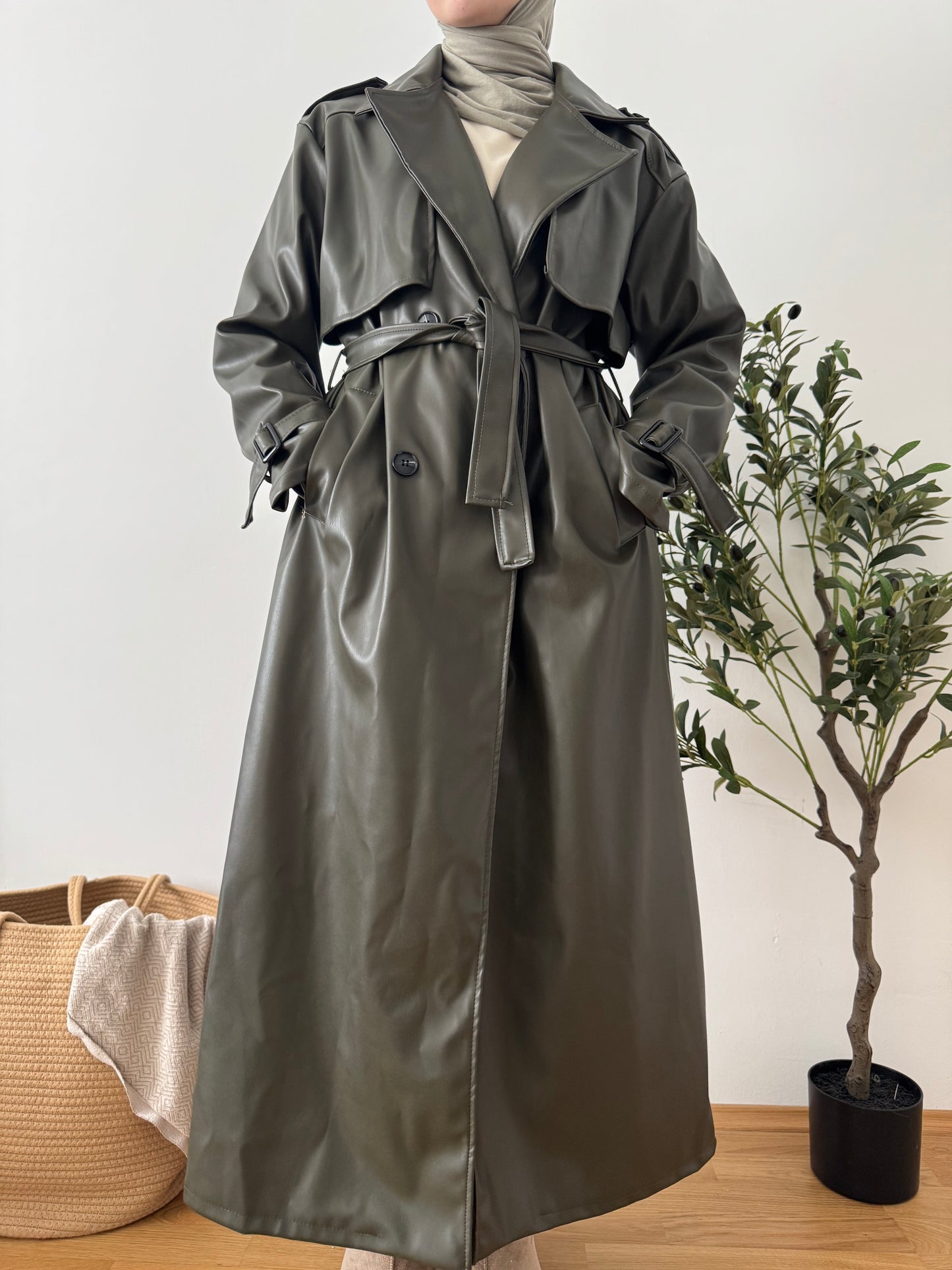 Leder Trenchcoat khaki