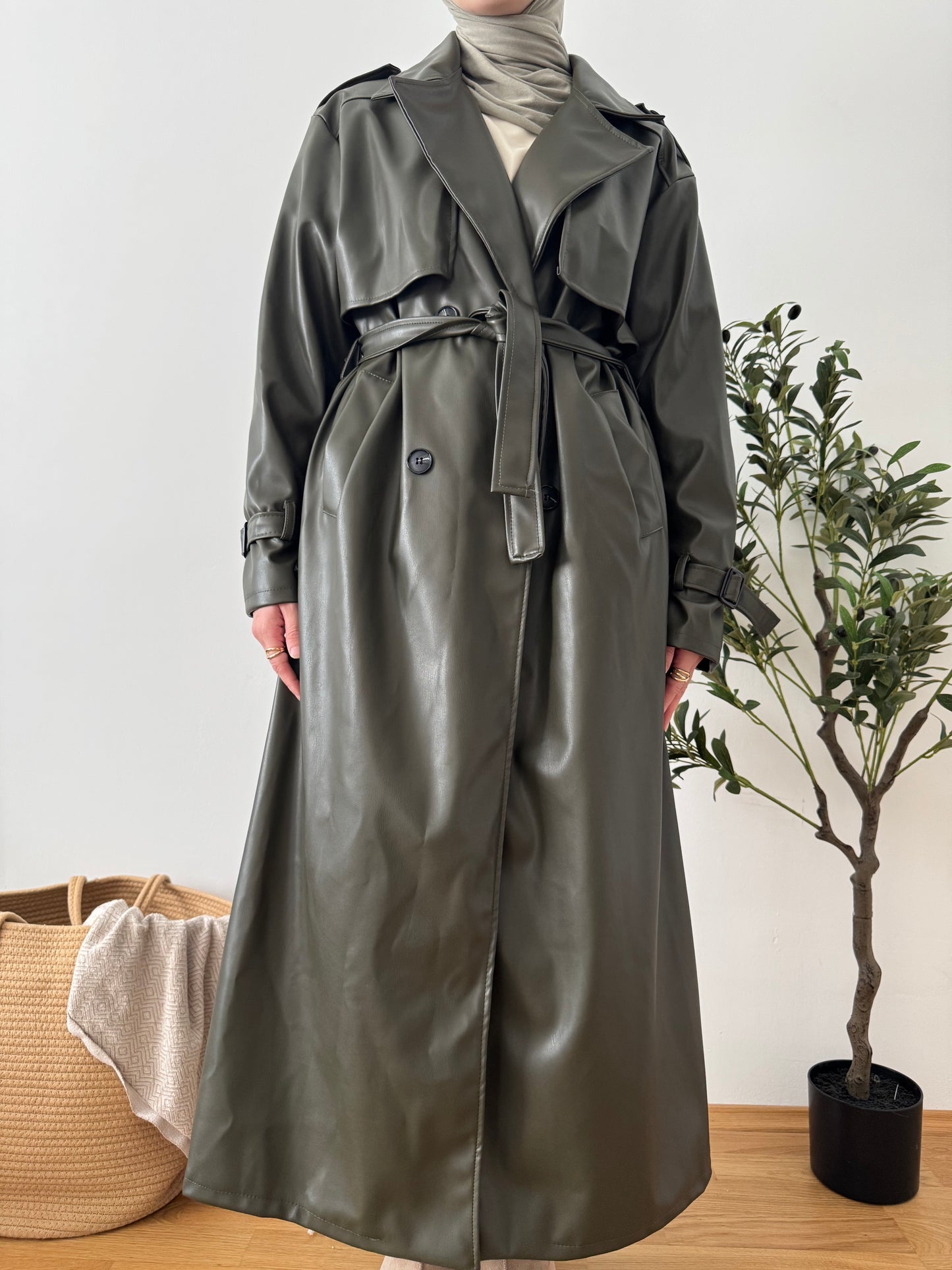 Leder Trenchcoat khaki