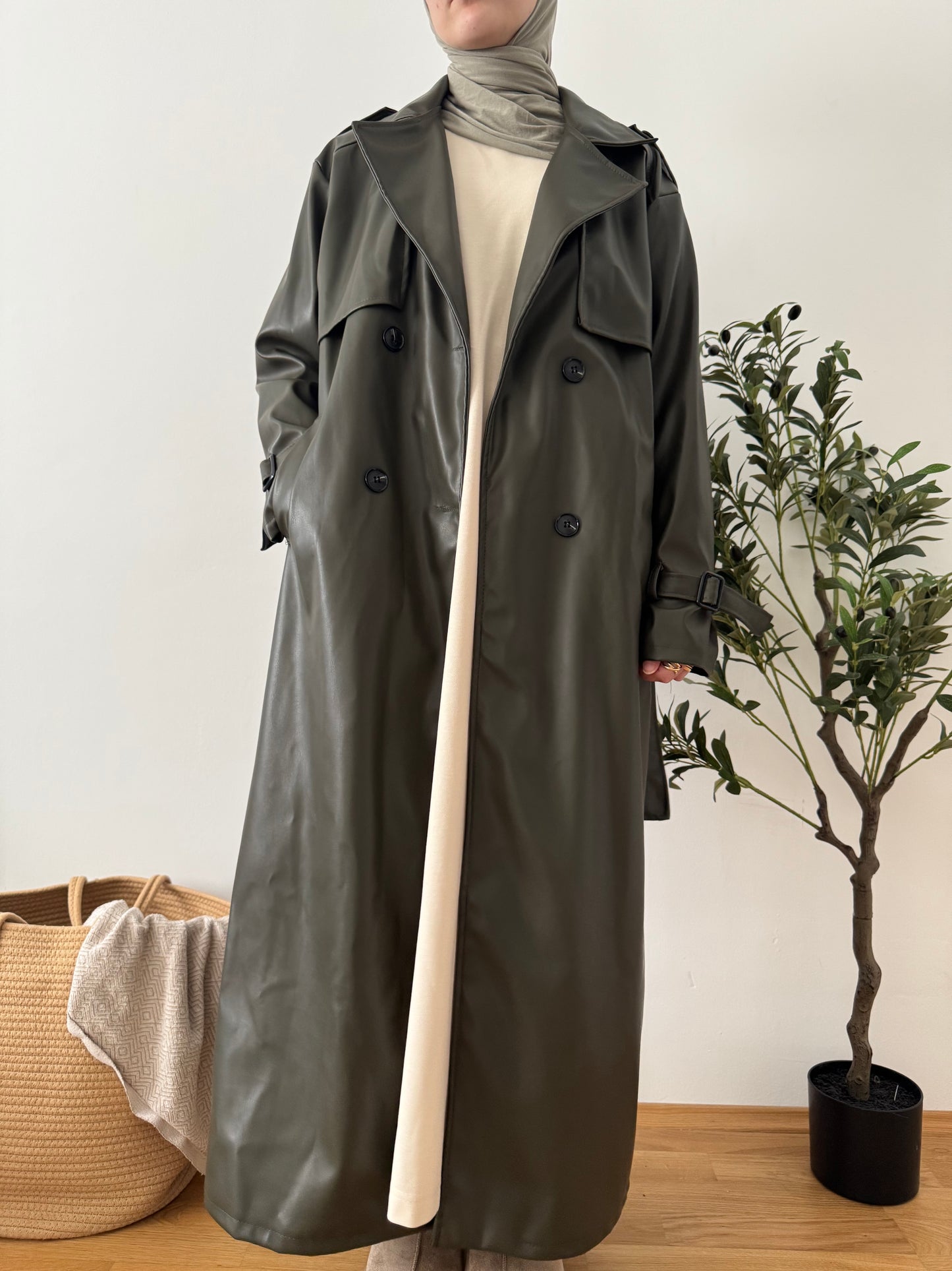 Leder Trenchcoat khaki