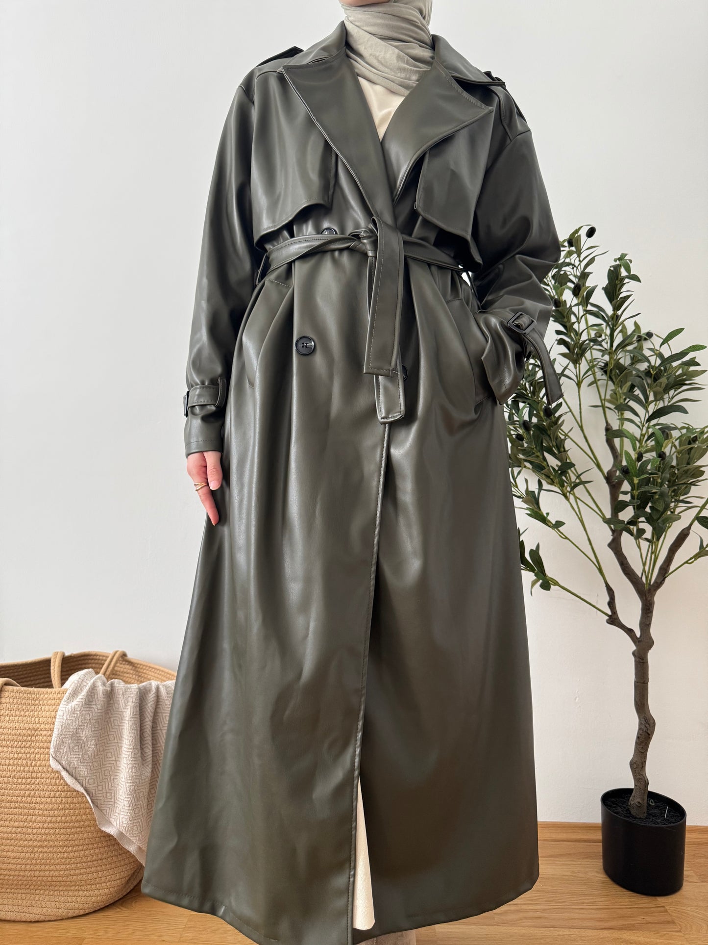 Leder Trenchcoat khaki