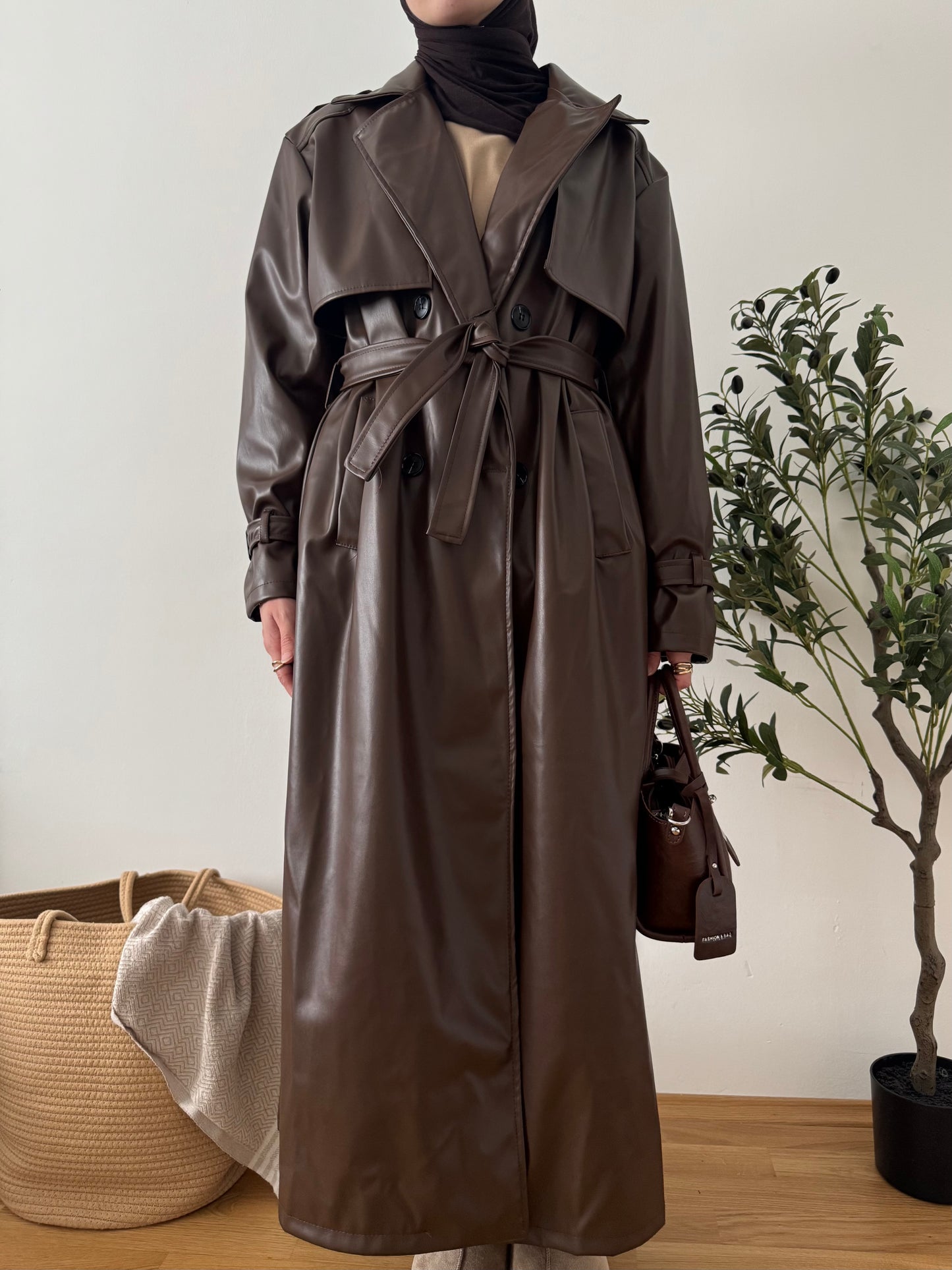 Leder Trenchcoat dunkelbraun
