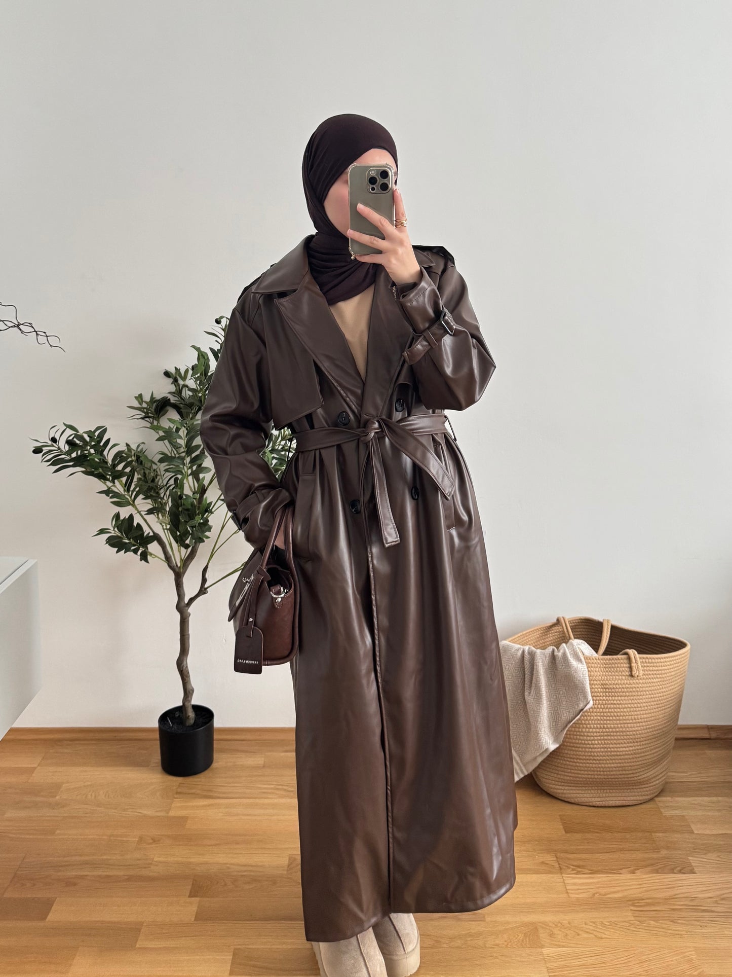 Leder Trenchcoat dunkelbraun