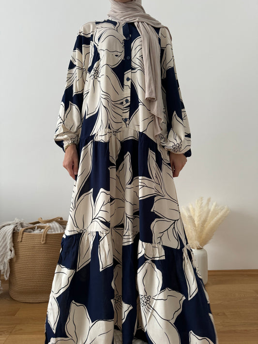 Boho Kleid mit Blättermuster blau