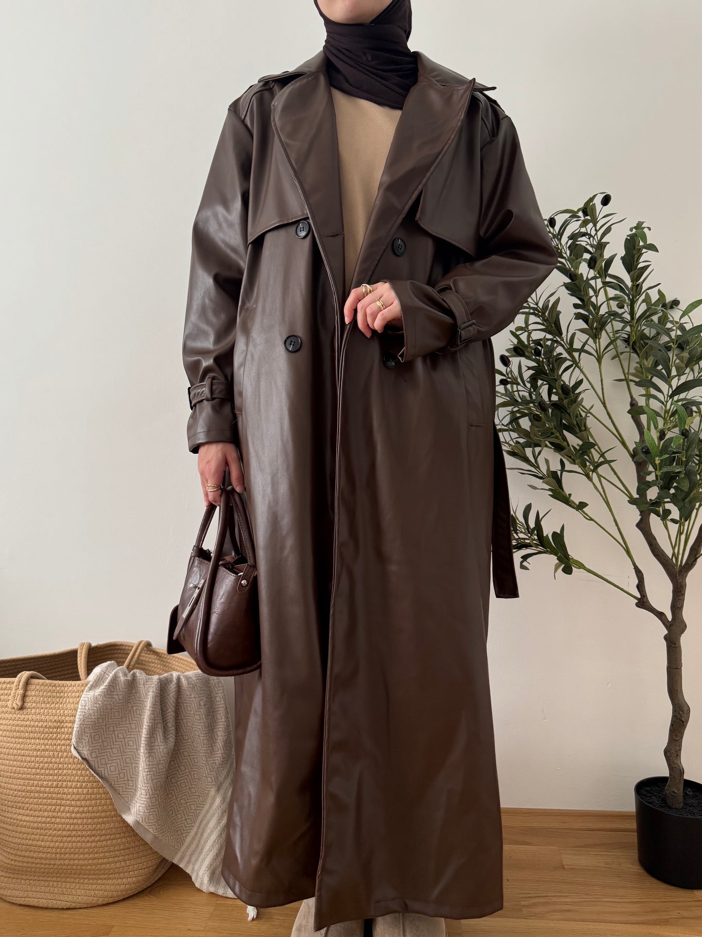 Leder Trenchcoat dunkelbraun