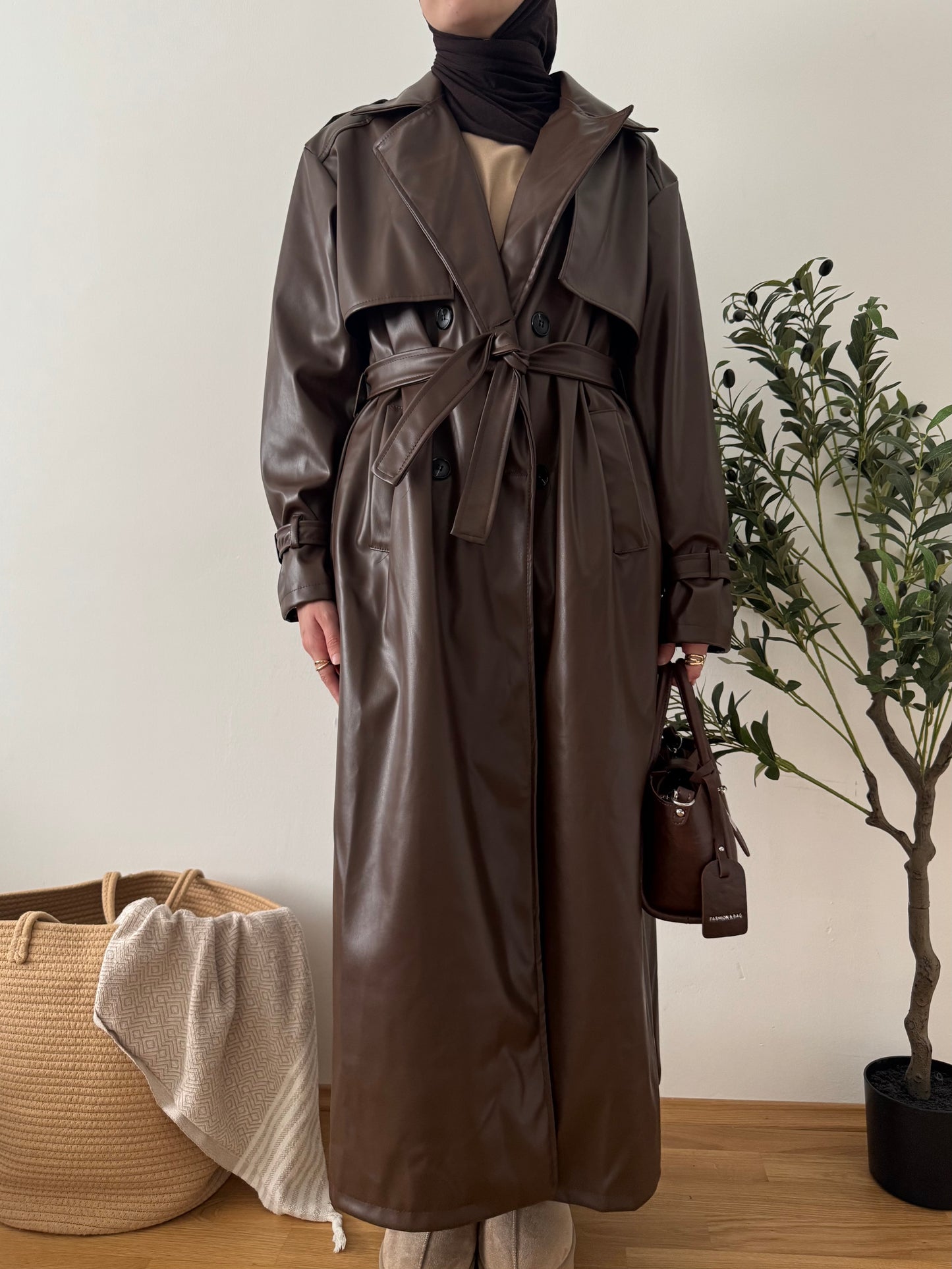 Leder Trenchcoat dunkelbraun