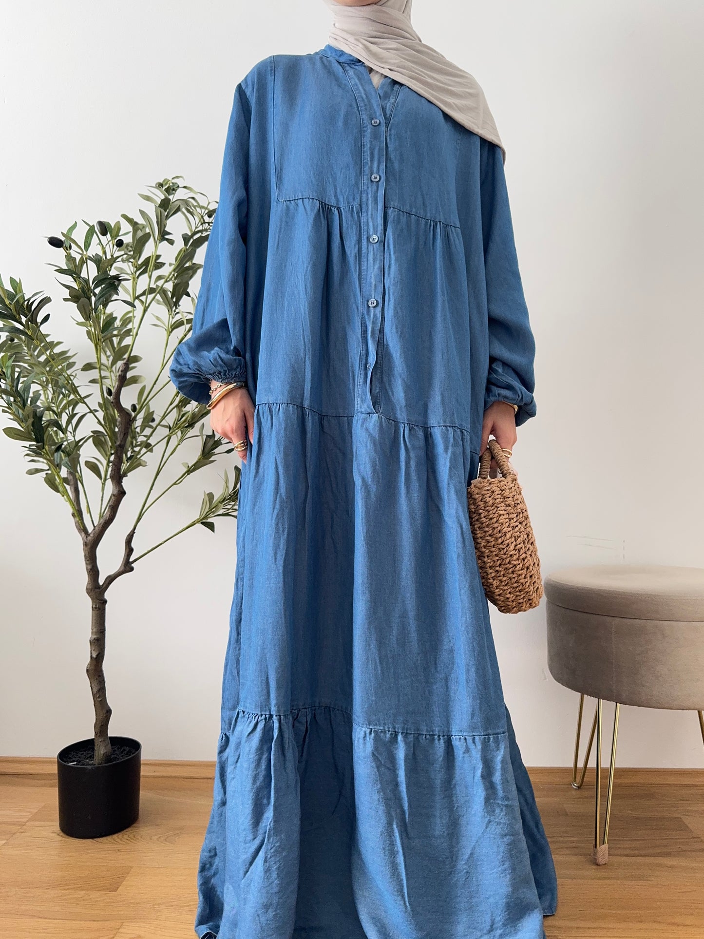 Denim Rüschen-Kleid dunkel