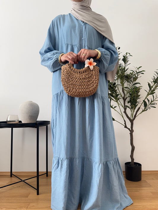 Denim Rüschen-Kleid hell