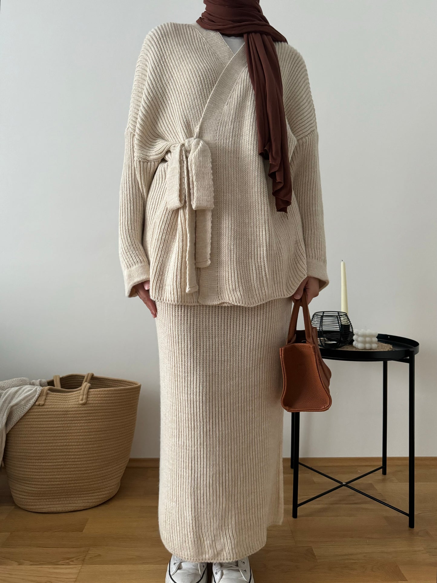 Lejla Strick Zweiteiler mit Rock creme