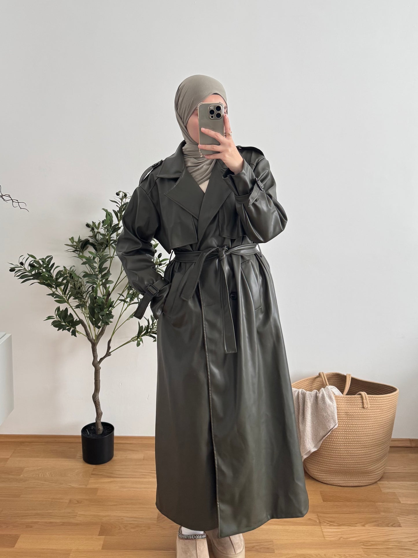 Leder Trenchcoat khaki