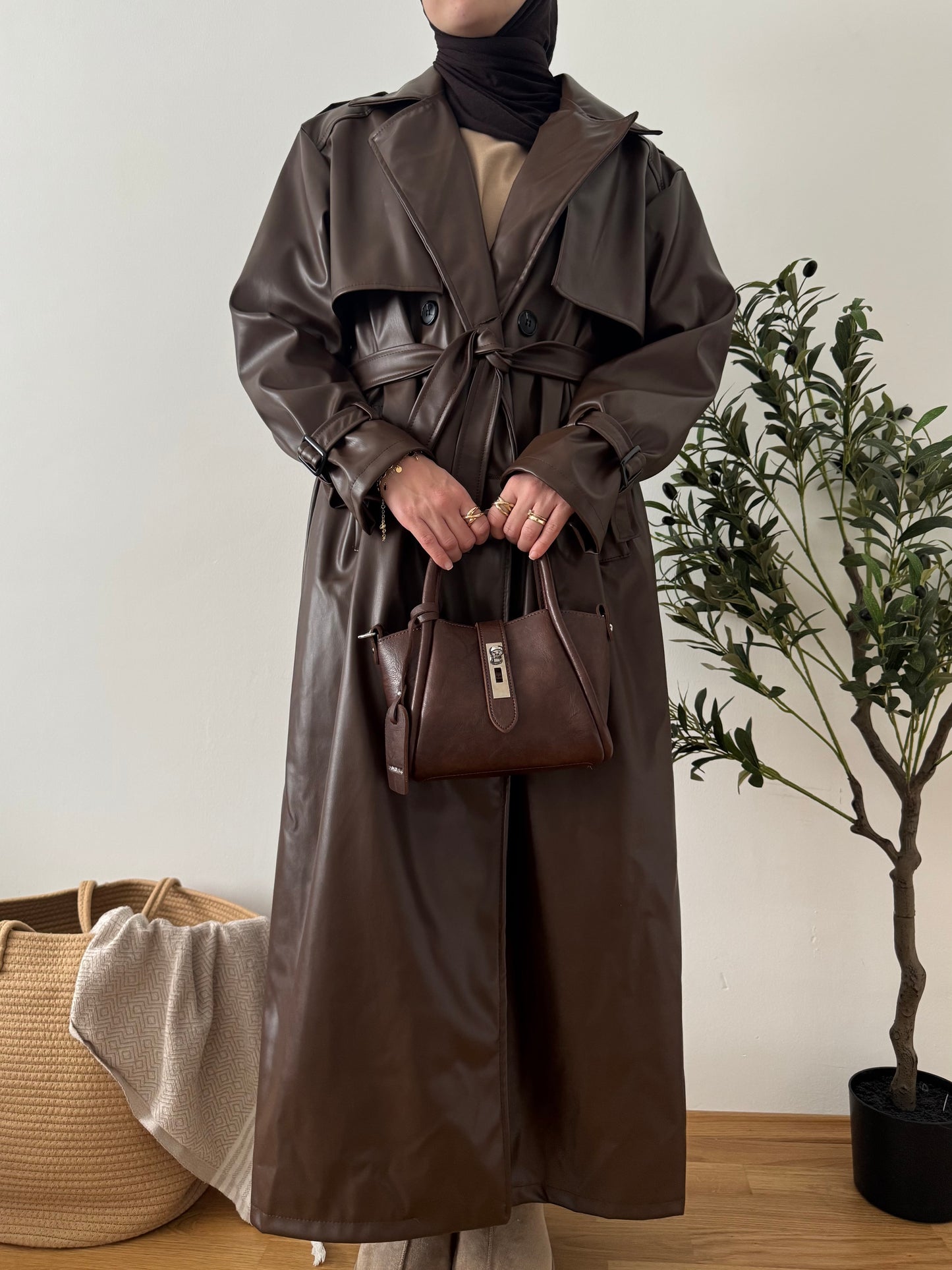 Leder Trenchcoat dunkelbraun