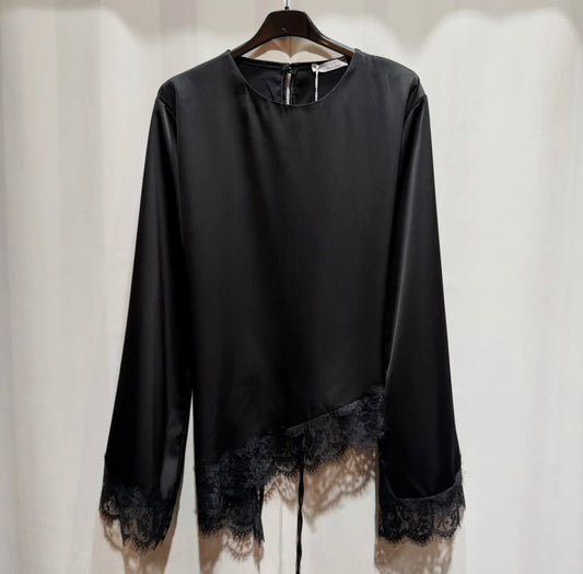 Satin Bluse mit Spitze schwarz